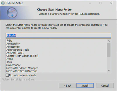 Setting the RStudio Start Menu Folder.