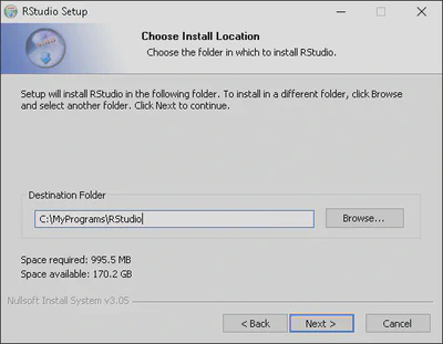 RStudio Installation Location Selection.